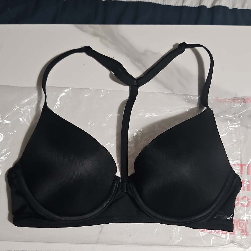 PINK VS T-BACK WEAR EVERYWHERE FRONT CLOSE LOGO PUSH UP BRA 34B BLACK LIKE NEW
